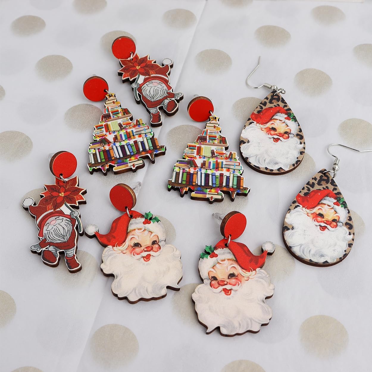 Christmas Wooden Santa Dangle Drop Earrings Set for Women Cute Holiday Earrings Lightweight Wood Round Christmas Stud Tree Xmas Gingerbread Decoration Christmas Accessories Jewelry Gift - 我的商店我的商店我的商店
