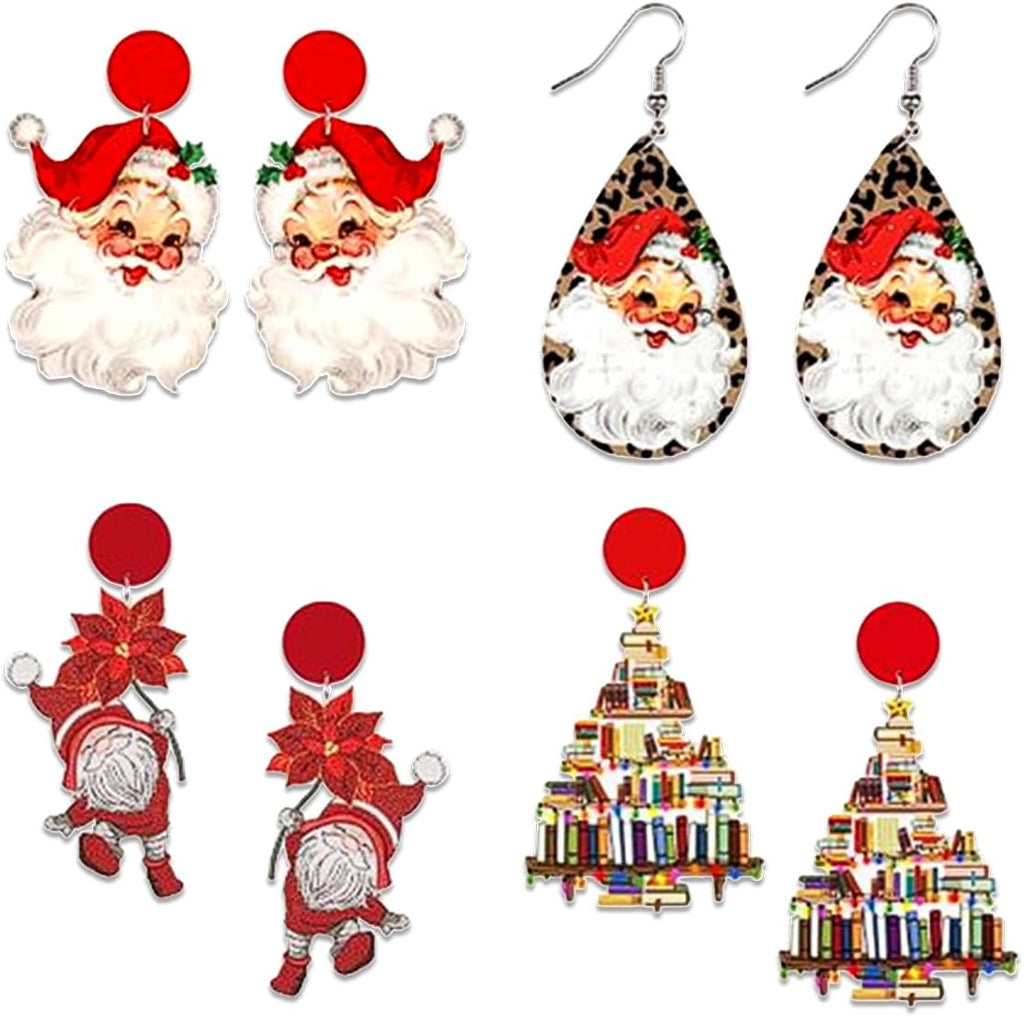 Christmas Wooden Santa Dangle Drop Earrings Set for Women Cute Holiday Earrings Lightweight Wood Round Christmas Stud Tree Xmas Gingerbread Decoration Christmas Accessories Jewelry Gift - 我的商店我的商店我的商店