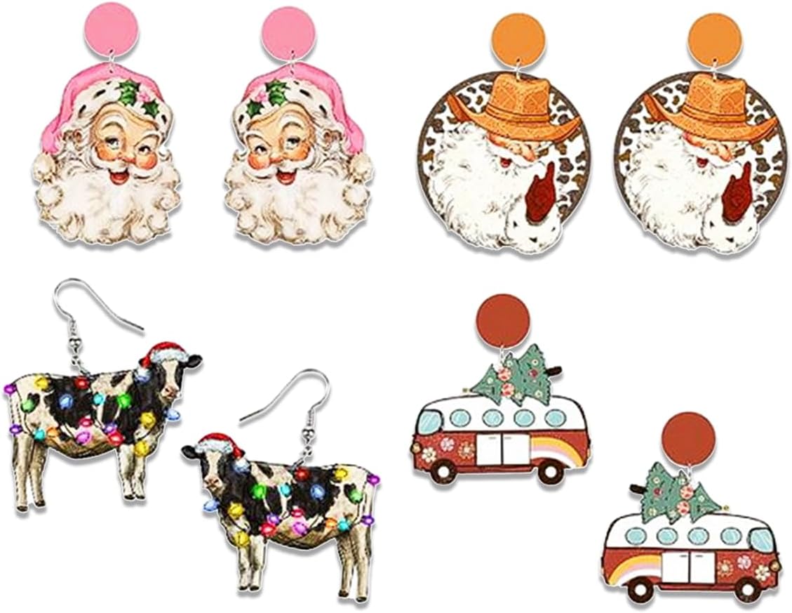 Christmas Wooden Santa Dangle Drop Earrings Set for Women Cute Holiday Earrings Lightweight Wood Round Christmas Stud Tree Xmas Gingerbread Decoration Christmas Accessories Jewelry Gift - 我的商店我的商店我的商店