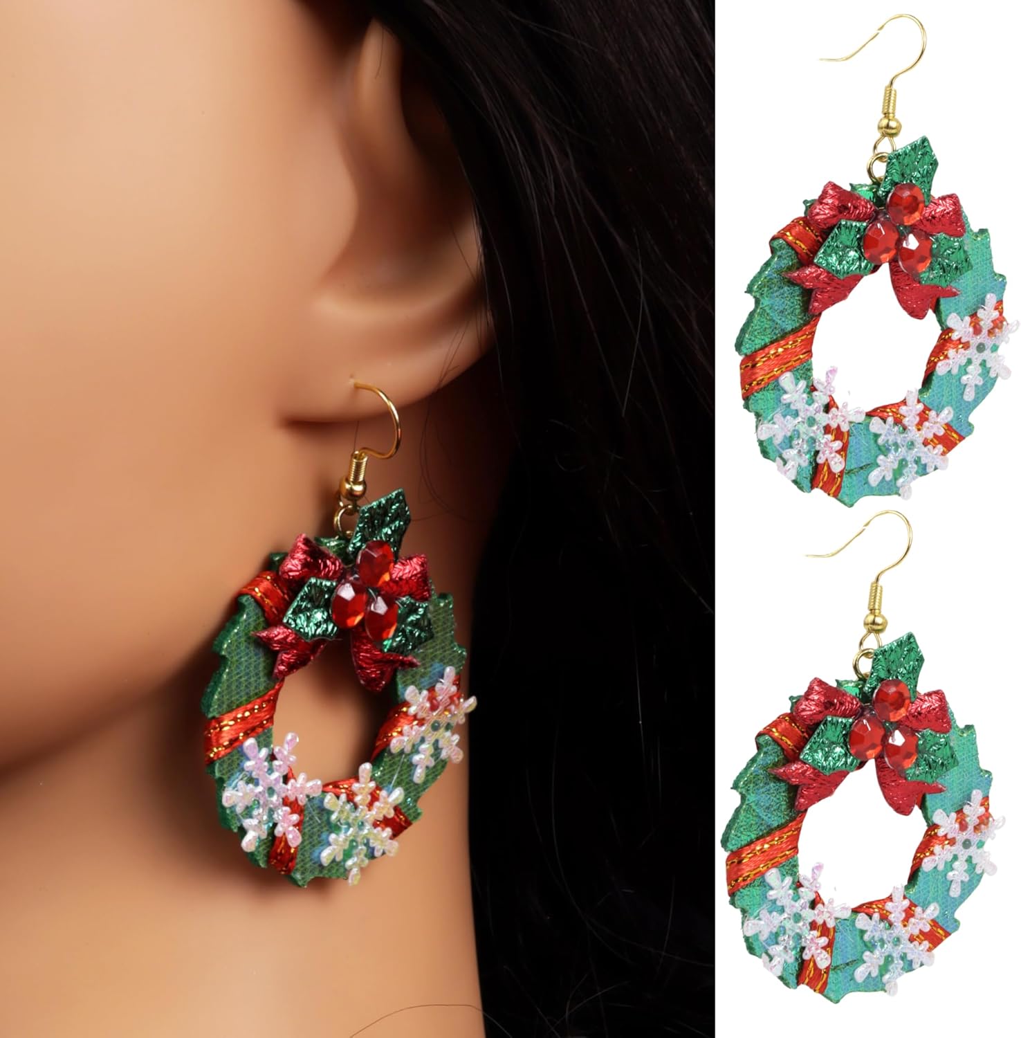 Christmas Wreath Dangle Earrings, Holiday Party Accessory, Festive Jewelry, 1.87 Inches - 我的商店我的商店我的商店