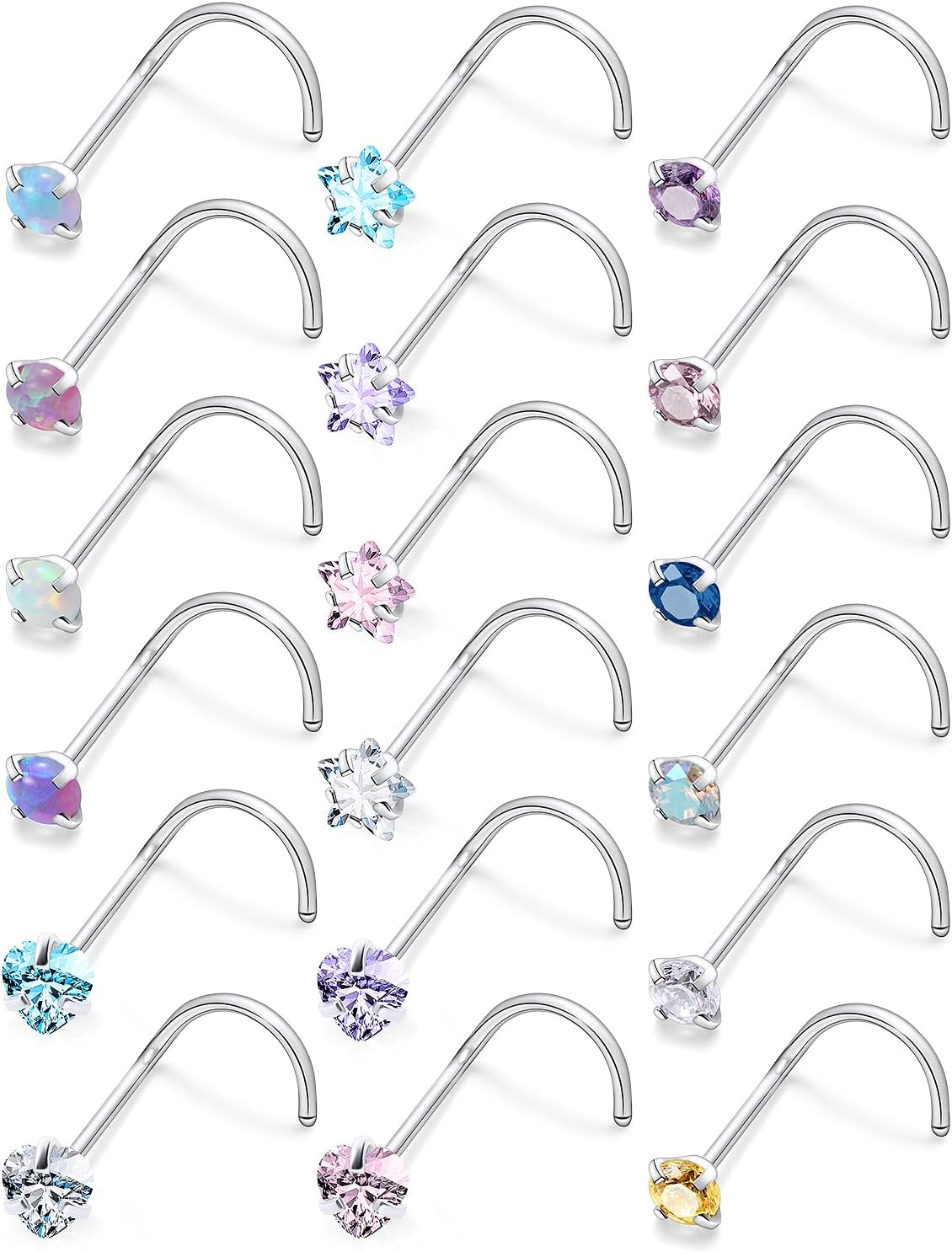 Cisyozi 18G 20G Hypoallergenic Nose Rings Studs Surgical Steel Opal Heart Star Nose Stud Cubic Zirconia Nose Piercing Jewelry for Women Men Straight L Shaped Screw Style - QIAO CrystalQIAO CrystalQIAO Crystal