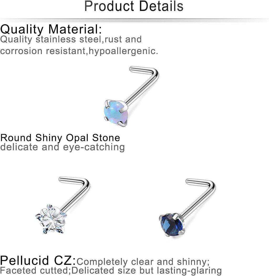 Cisyozi 18G 20G Hypoallergenic Nose Rings Studs Surgical Steel Opal Heart Star Nose Stud Cubic Zirconia Nose Piercing Jewelry for Women Men Straight L Shaped Screw Style - QIAO CrystalQIAO CrystalQIAO Crystal