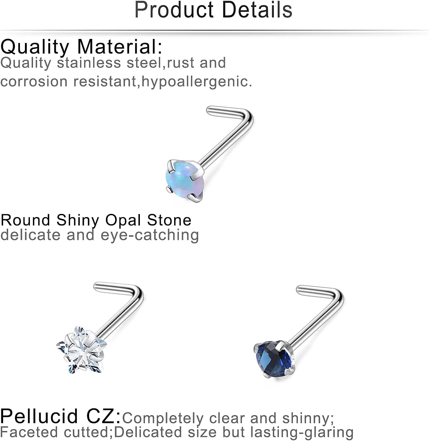 Cisyozi 18G 20G Hypoallergenic Nose Rings Studs Surgical Steel Opal Heart Star Nose Stud Cubic Zirconia Nose Piercing Jewelry for Women Men Straight L Shaped Screw Style - QIAO CrystalQIAO CrystalQIAO Crystal