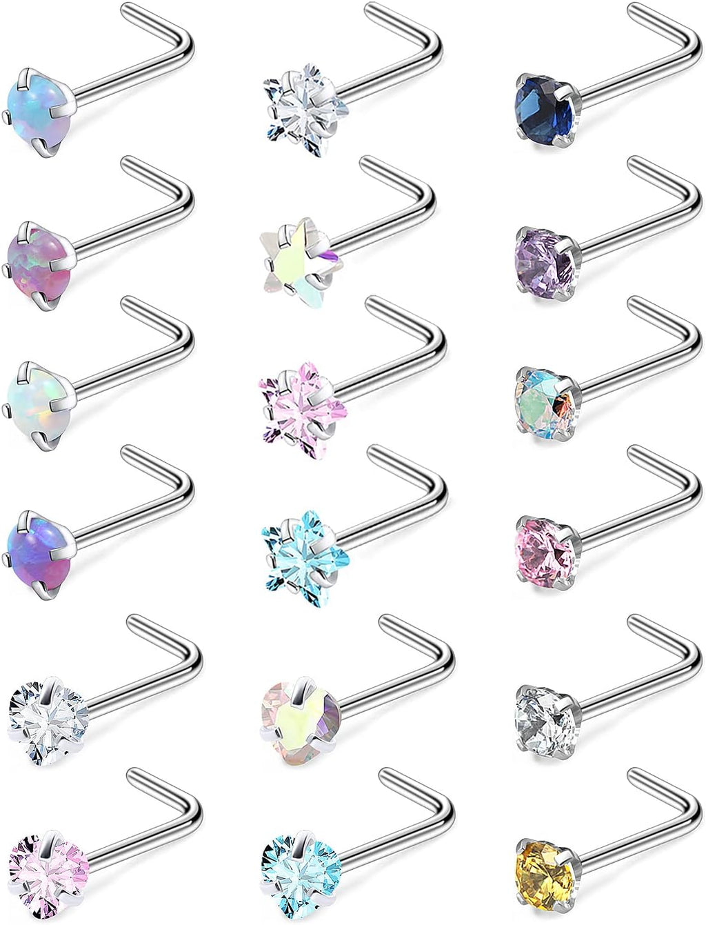 Cisyozi 18G 20G Hypoallergenic Nose Rings Studs Surgical Steel Opal Heart Star Nose Stud Cubic Zirconia Nose Piercing Jewelry for Women Men Straight L Shaped Screw Style - QIAO CrystalQIAO CrystalQIAO Crystal