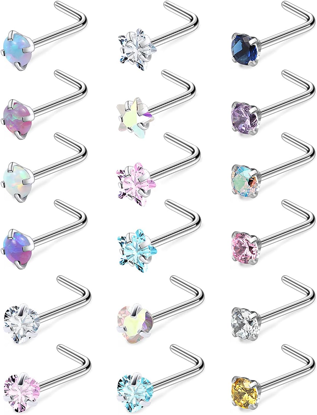 Cisyozi 18G 20G Hypoallergenic Nose Rings Studs Surgical Steel Opal Heart Star Nose Stud Cubic Zirconia Nose Piercing Jewelry for Women Men Straight L Shaped Screw Style - QIAO CrystalQIAO CrystalQIAO Crystal