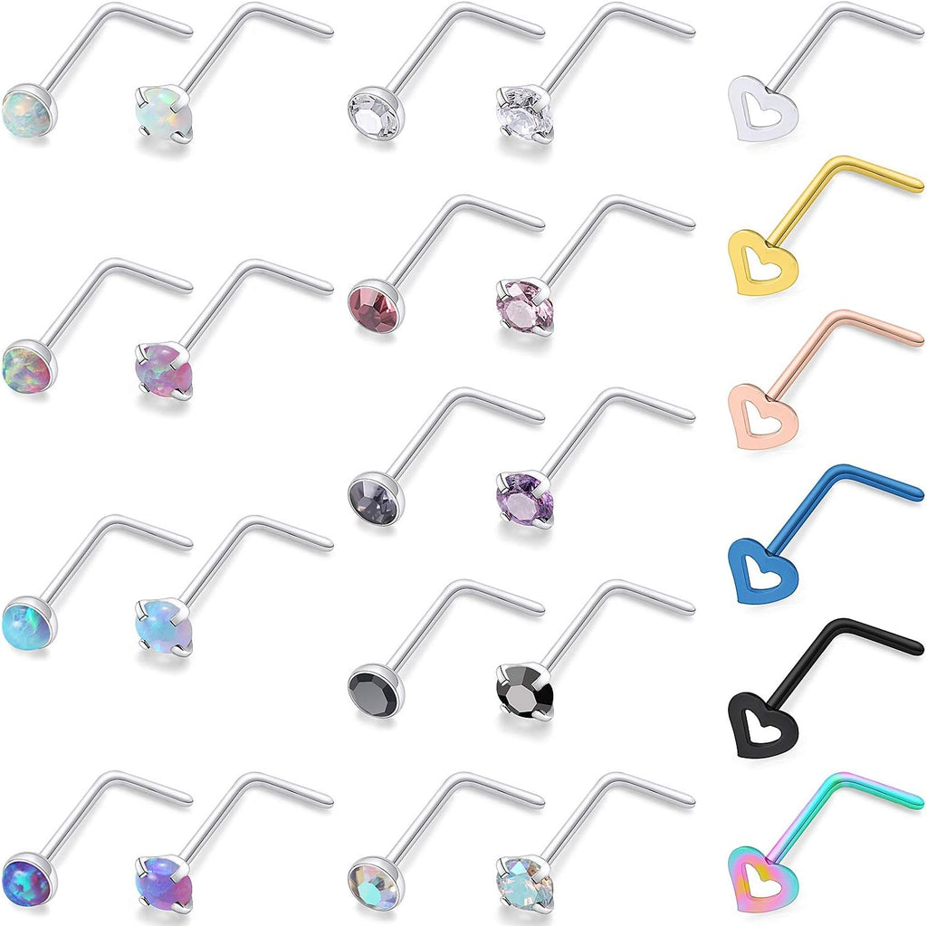 Cisyozi 18G 20G Hypoallergenic Nose Rings Studs Surgical Steel Opal Heart Star Nose Stud Cubic Zirconia Nose Piercing Jewelry for Women Men Straight L Shaped Screw Style - QIAO CrystalQIAO CrystalQIAO Crystal