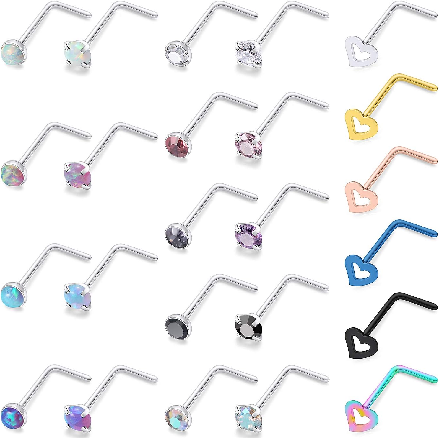 Cisyozi 18G 20G Hypoallergenic Nose Rings Studs Surgical Steel Opal Heart Star Nose Stud Cubic Zirconia Nose Piercing Jewelry for Women Men Straight L Shaped Screw Style - QIAO CrystalQIAO CrystalQIAO Crystal