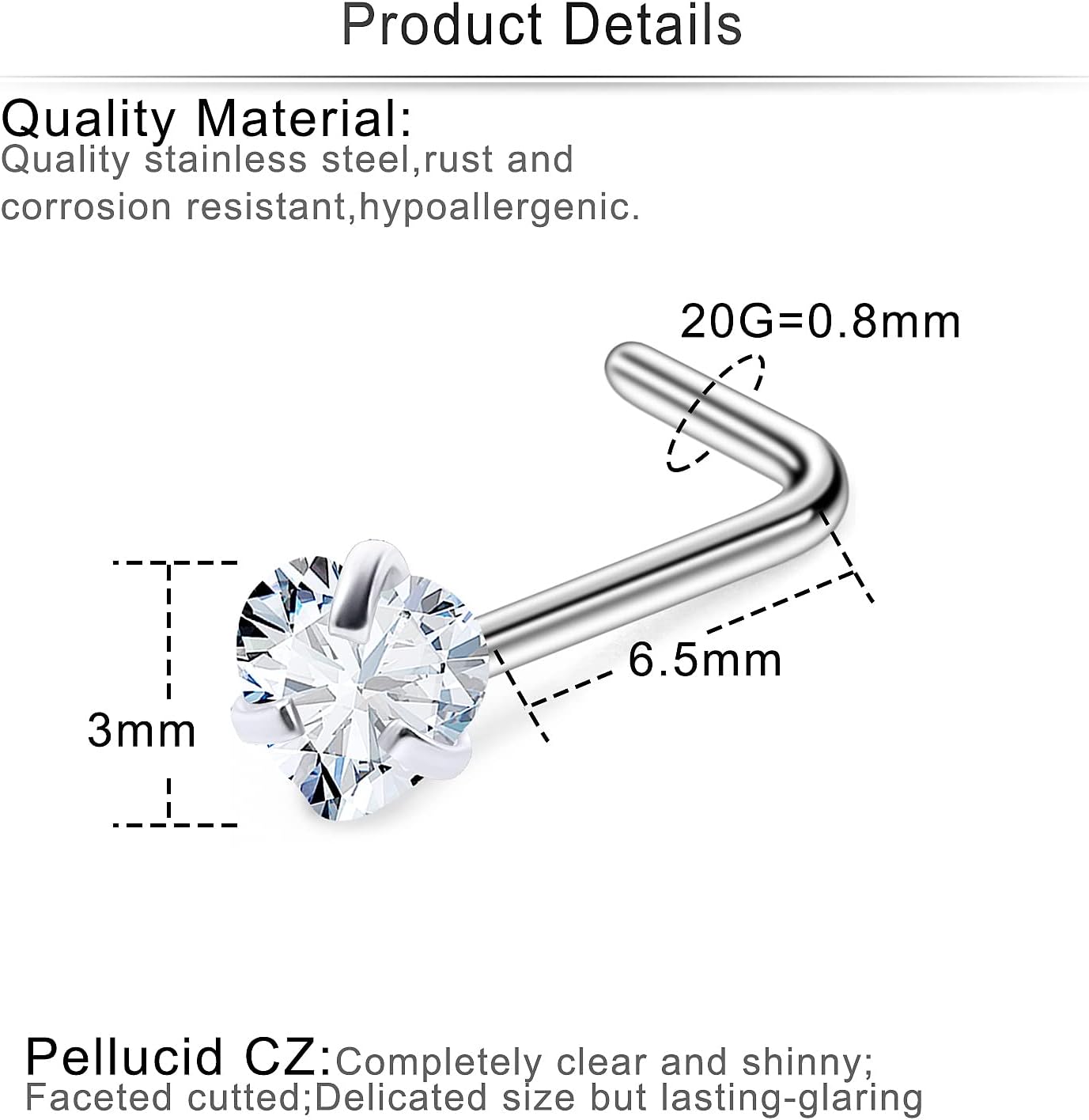 Cisyozi 18G 20G Hypoallergenic Nose Rings Studs Surgical Steel Opal Heart Star Nose Stud Cubic Zirconia Nose Piercing Jewelry for Women Men Straight L Shaped Screw Style - QIAO CrystalQIAO CrystalQIAO Crystal