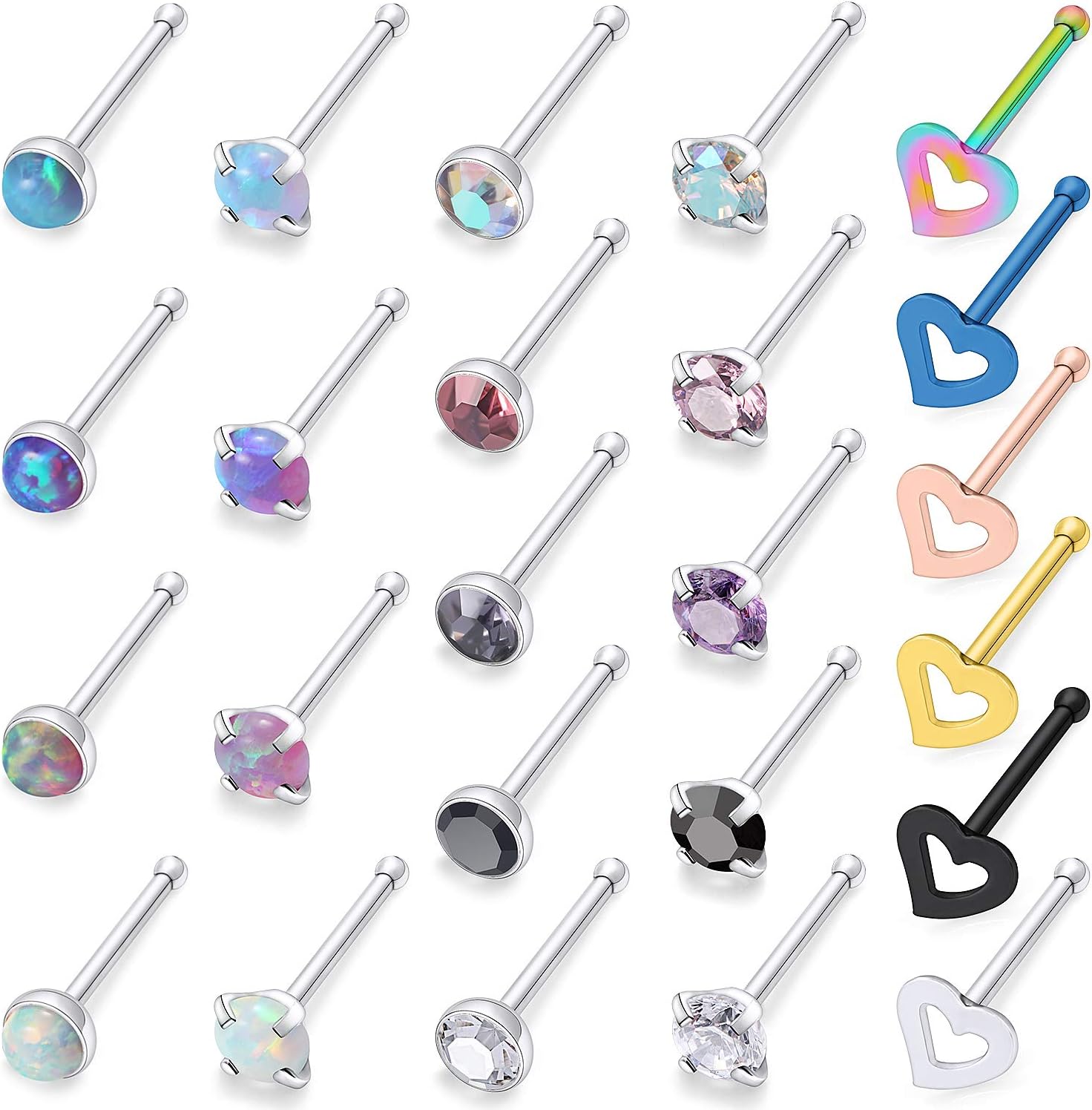 Cisyozi 18G 20G Hypoallergenic Nose Rings Studs Surgical Steel Opal Heart Star Nose Stud Cubic Zirconia Nose Piercing Jewelry for Women Men Straight L Shaped Screw Style - QIAO CrystalQIAO CrystalQIAO Crystal