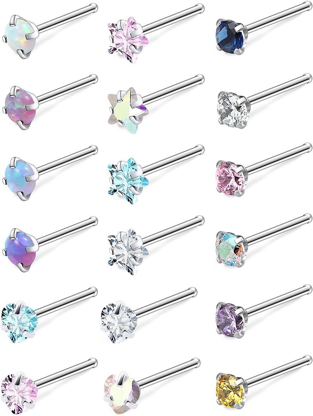 Cisyozi 18G 20G Hypoallergenic Nose Rings Studs Surgical Steel Opal Heart Star Nose Stud Cubic Zirconia Nose Piercing Jewelry for Women Men Straight L Shaped Screw Style - QIAO CrystalQIAO CrystalQIAO Crystal