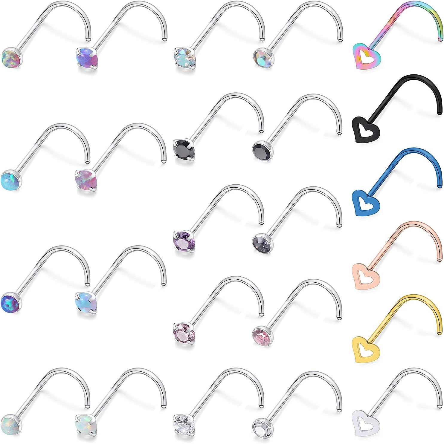 Cisyozi 18G 20G Hypoallergenic Nose Rings Studs Surgical Steel Opal Heart Star Nose Stud Cubic Zirconia Nose Piercing Jewelry for Women Men Straight L Shaped Screw Style - QIAO CrystalQIAO CrystalQIAO Crystal