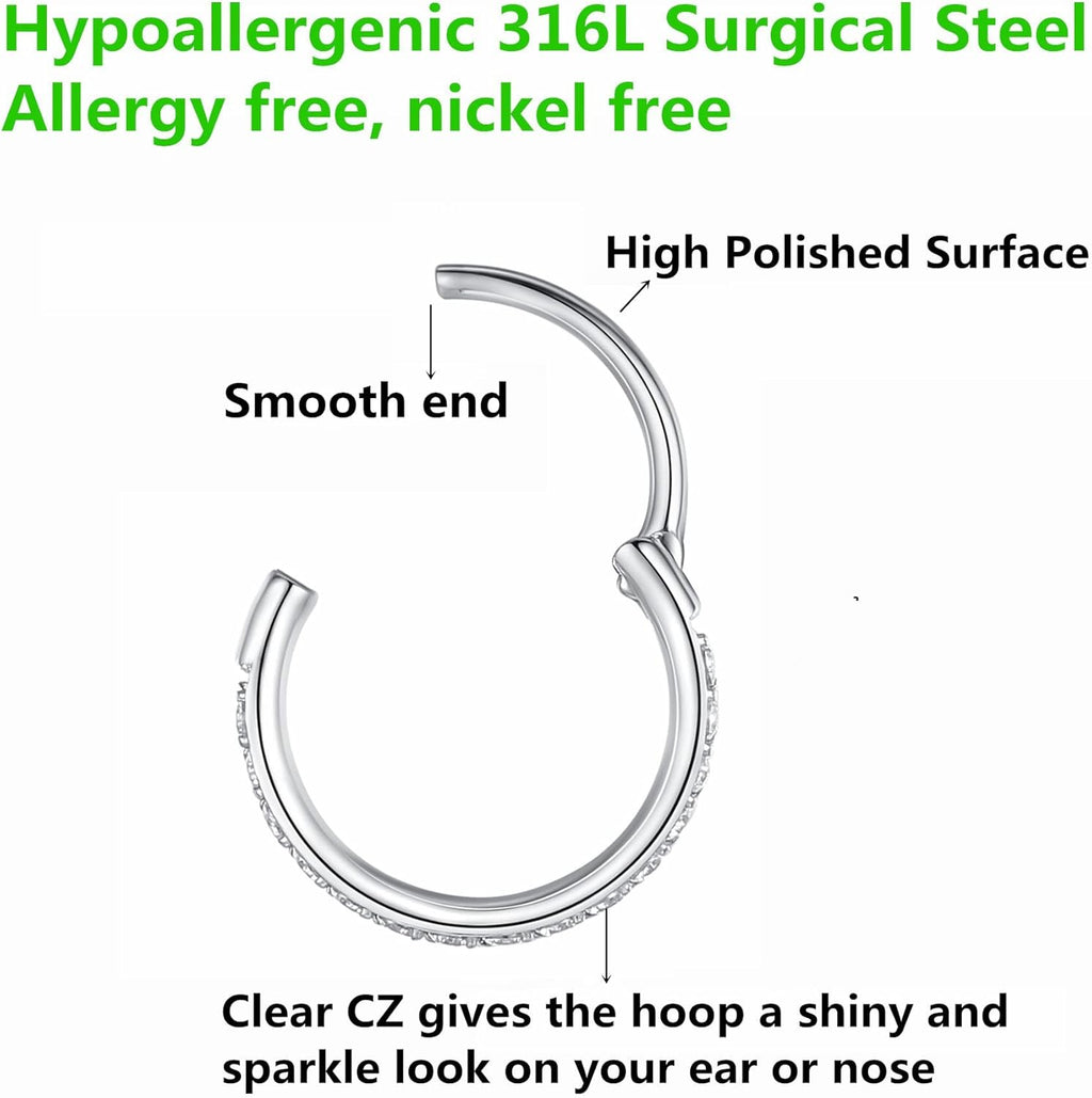 Clear CZ Nose Rings & Earrings - 316L Surgical Steel - Cartilage, Conch, Daith, Helix, Rook, Tragus, Lobe & Snug Body Piercing Jewelry - 20G, 18G - QIAO CrystalQIAO CrystalQIAO Crystal