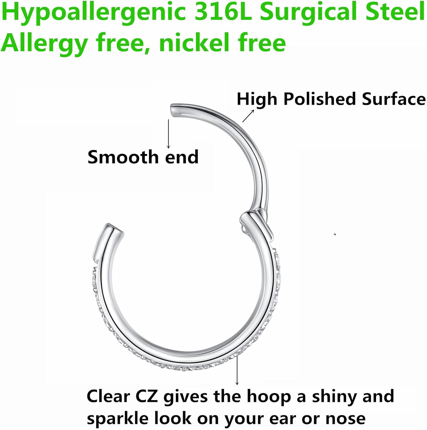 Clear CZ Nose Rings & Earrings - 316L Surgical Steel - Cartilage, Conch, Daith, Helix, Rook, Tragus, Lobe & Snug Body Piercing Jewelry - 20G, 18G - QIAO CrystalQIAO CrystalQIAO Crystal