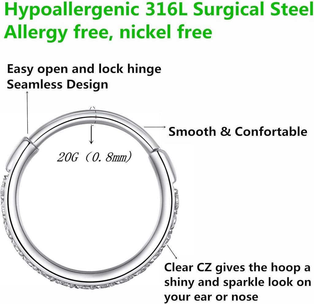 Clear CZ Nose Rings & Earrings - 316L Surgical Steel - Cartilage, Conch, Daith, Helix, Rook, Tragus, Lobe & Snug Body Piercing Jewelry - 20G, 18G - QIAO CrystalQIAO CrystalQIAO Crystal