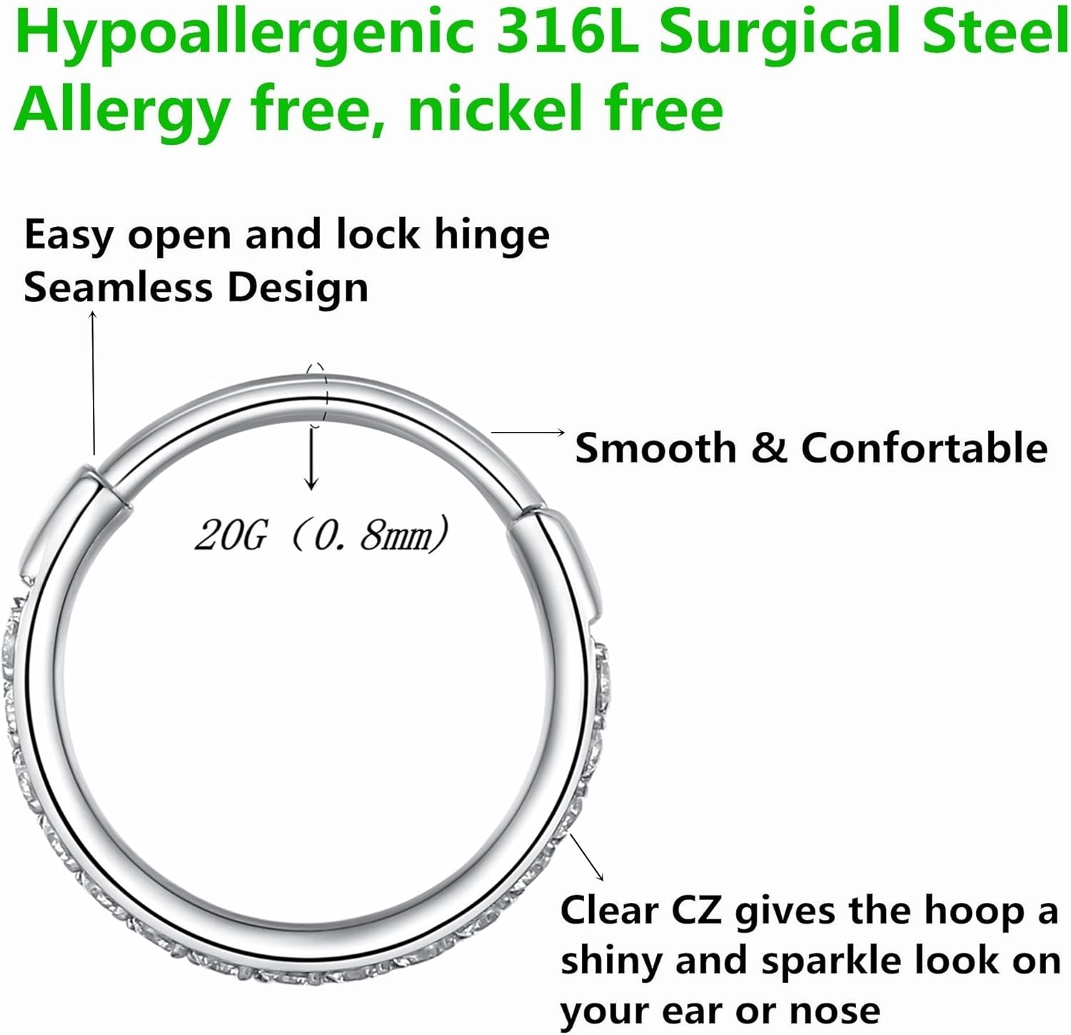 Clear CZ Nose Rings & Earrings - 316L Surgical Steel - Cartilage, Conch, Daith, Helix, Rook, Tragus, Lobe & Snug Body Piercing Jewelry - 20G, 18G - QIAO CrystalQIAO CrystalQIAO Crystal