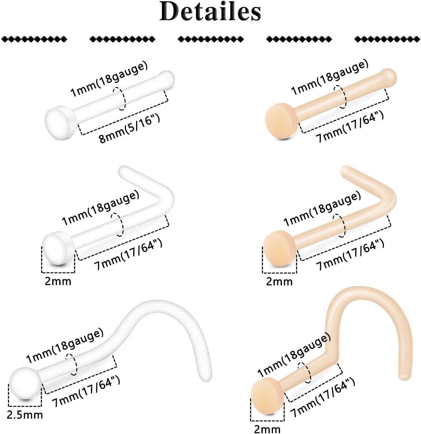  Clear Nose Rings Studs L Shape Piercing Retainer Flexible Nose Bone Flesh Skin Color Nostril Piercing Retainer for Work 18g 20g Flat Top - QIAO CrystalQIAO CrystalQIAO Crystal