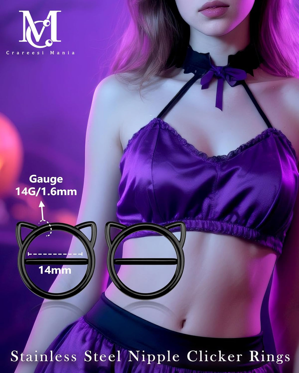 CM Crareesi Mania Black Nipple Rings, 316L Surgical Steel Nipple Piercing Jewelry, 14G Cat Nipple Clicker Ring for Women - QIAO CrystalQIAO CrystalQIAO Crystal
