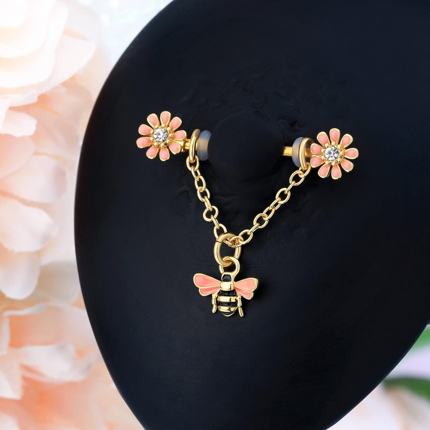 CM Crareesi Mania Chain Nipple Shield Rings - Dainty Bee Nipple Piercing Barbells 14G Dangle Rings - QIAO CrystalQIAO CrystalQIAO Crystal