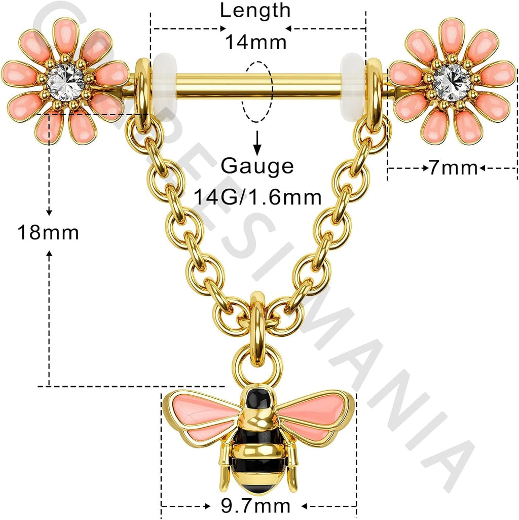 CM Crareesi Mania Chain Nipple Shield Rings - Dainty Bee Nipple Piercing Barbells 14G Dangle Rings - QIAO CrystalQIAO CrystalQIAO Crystal