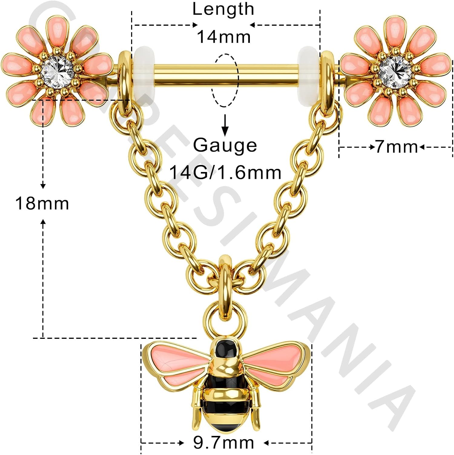 CM Crareesi Mania Chain Nipple Shield Rings - Dainty Bee Nipple Piercing Barbells 14G Dangle Rings - QIAO CrystalQIAO CrystalQIAO Crystal