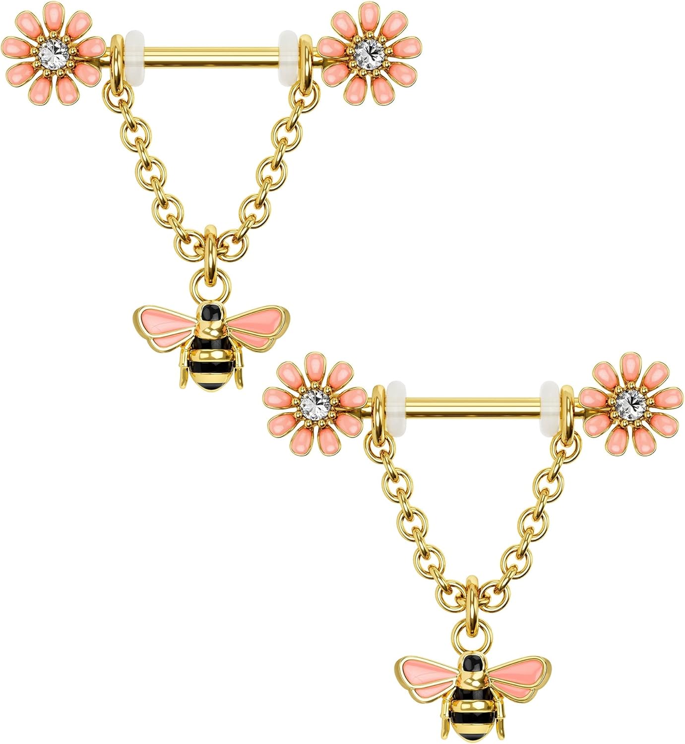 CM Crareesi Mania Chain Nipple Shield Rings - Dainty Bee Nipple Piercing Barbells 14G Dangle Rings - QIAO CrystalQIAO CrystalQIAO Crystal