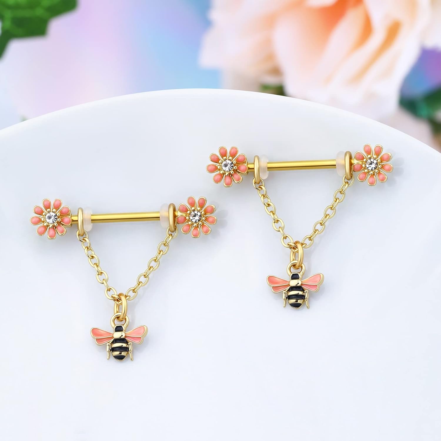 CM Crareesi Mania Chain Nipple Shield Rings - Dainty Bee Nipple Piercing Barbells 14G Dangle Rings - QIAO CrystalQIAO CrystalQIAO Crystal