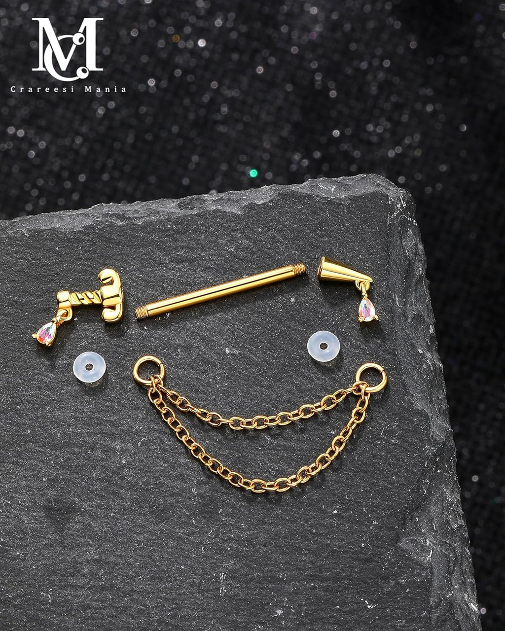 CM Crareesi Mania Dagger Nipple Ring 316L Stainless Steel Dangle Chain Nipple Piercing Jewelry 14G Gold Nipple Barbells for Women - QIAO CrystalQIAO CrystalQIAO Crystal