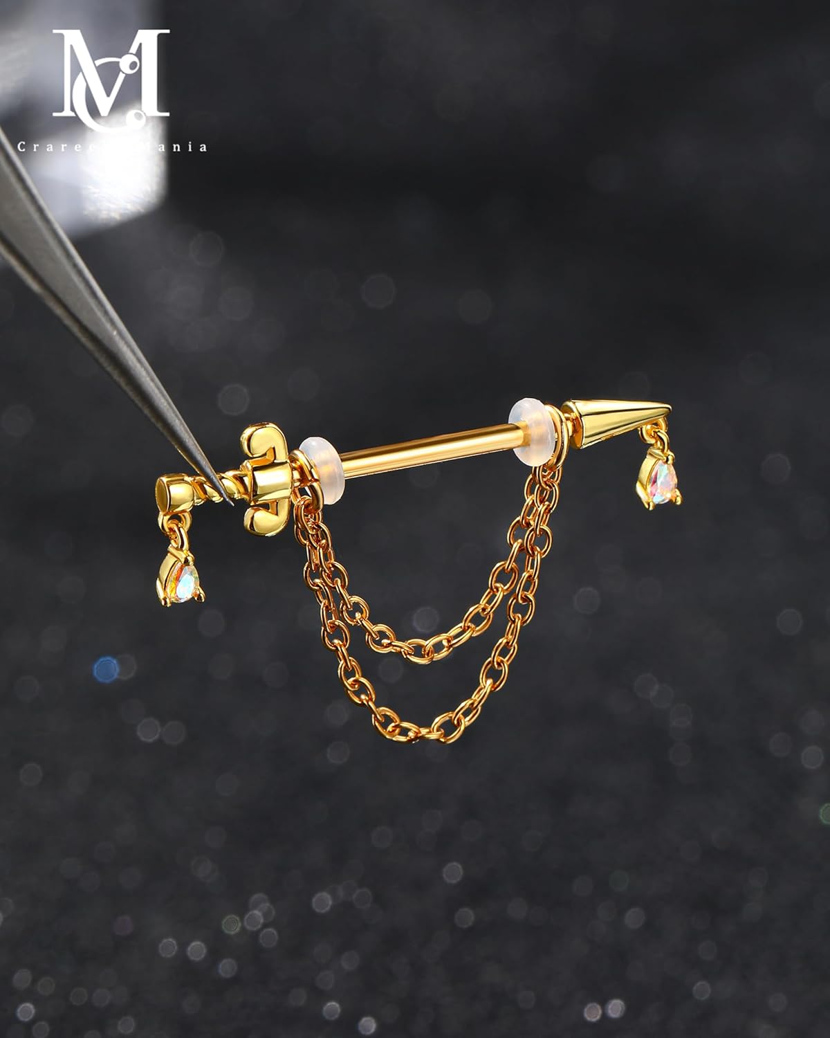 CM Crareesi Mania Dagger Nipple Ring 316L Stainless Steel Dangle Chain Nipple Piercing Jewelry 14G Gold Nipple Barbells for Women - QIAO CrystalQIAO CrystalQIAO Crystal