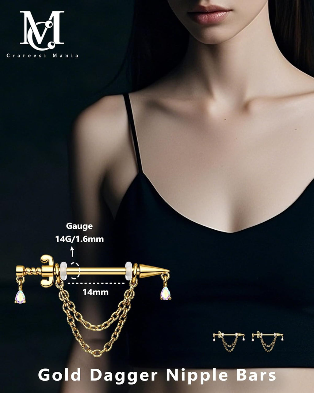 CM Crareesi Mania Dagger Nipple Ring 316L Stainless Steel Dangle Chain Nipple Piercing Jewelry 14G Gold Nipple Barbells for Women - QIAO CrystalQIAO CrystalQIAO Crystal