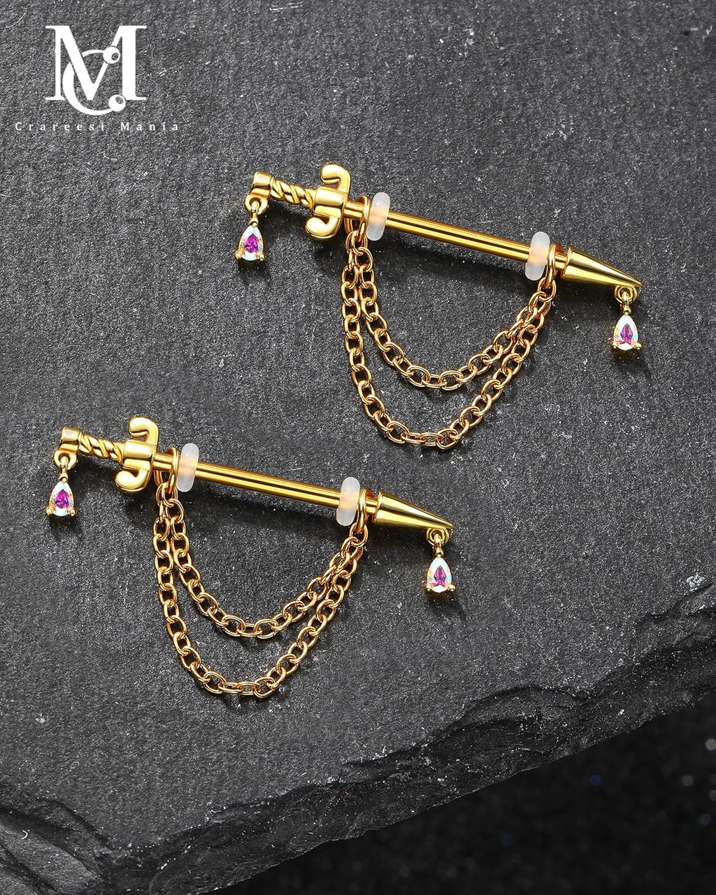 CM Crareesi Mania Dagger Nipple Ring 316L Stainless Steel Dangle Chain Nipple Piercing Jewelry 14G Gold Nipple Barbells for Women - QIAO CrystalQIAO CrystalQIAO Crystal