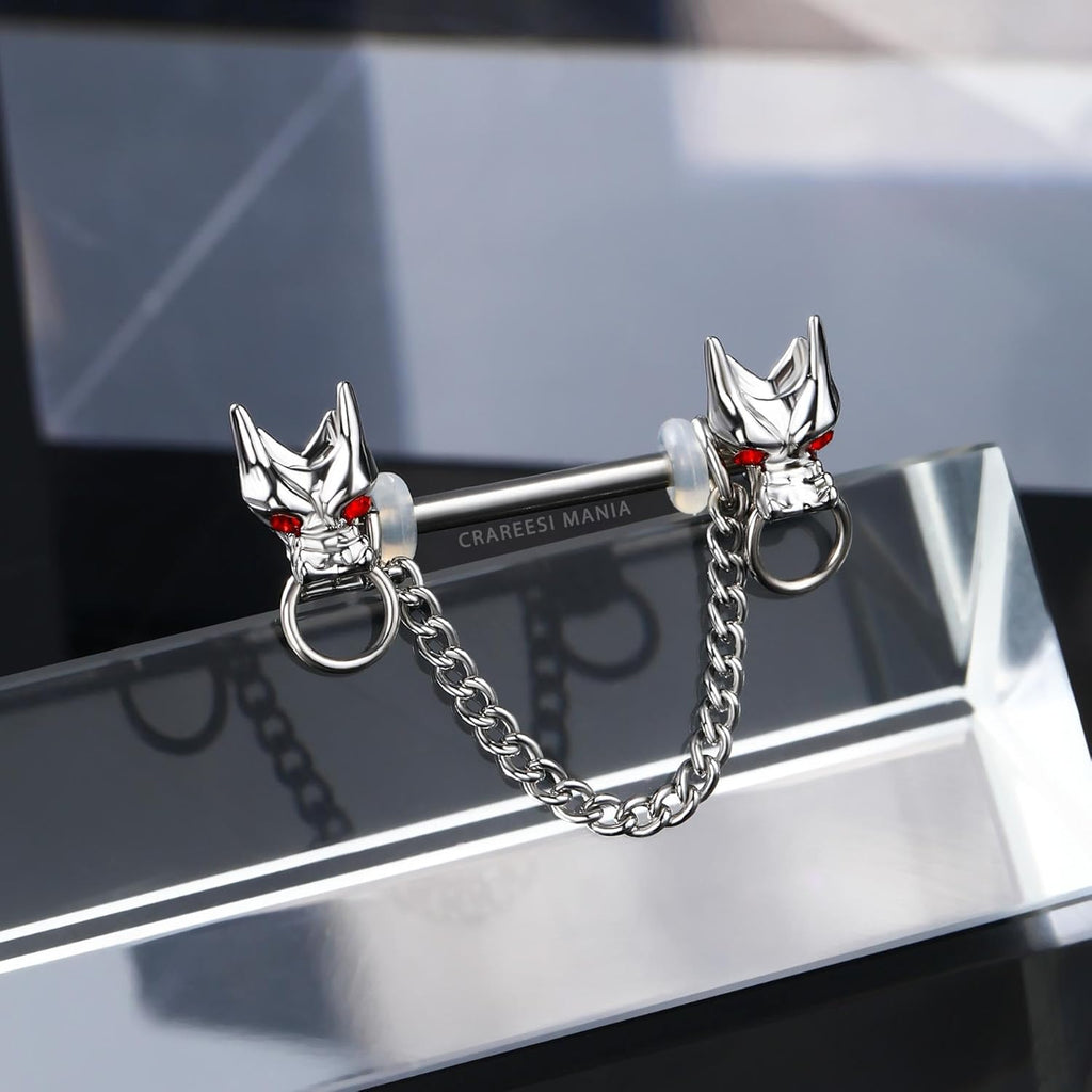 CM Crareesi Mania Dragon Nipple Rings Chain Nipple Piercing Jewelry 316L Stainless Steel Nipple Jewelry for Men Women Red CZ Nipple Barbell 14G Nipple Jewelry, US - CMNV0036 - QIAO CrystalQIAO CrystalQIAO Crystal