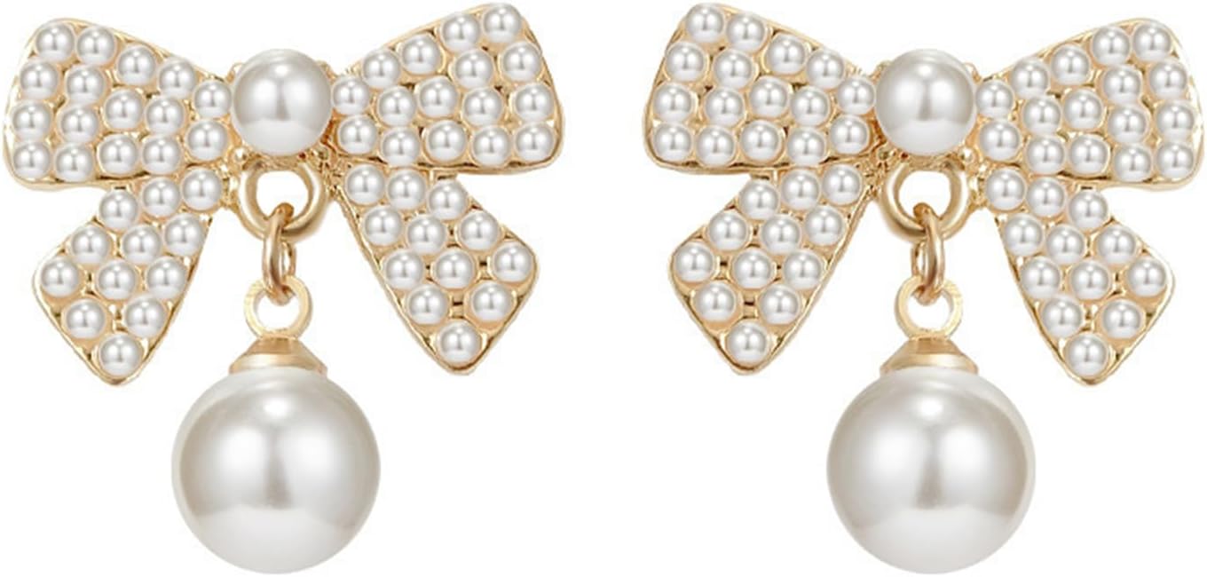 coadipress Christmas Pearl Bow Earrings for Women Fashion Sparkle Rhinestone Bow Earrings Cute Red Pearl Bow Dangle Drop Earrings Christmas Decorations Jewelry Gifts - 我的商店我的商店我的商店