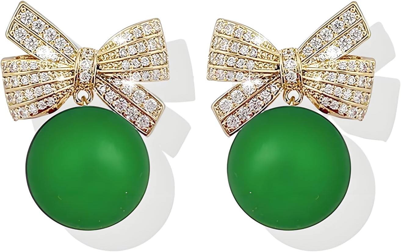 coadipress Christmas Pearl Bow Earrings for Women Fashion Sparkle Rhinestone Bow Earrings Cute Red Pearl Bow Dangle Drop Earrings Christmas Decorations Jewelry Gifts - 我的商店我的商店我的商店