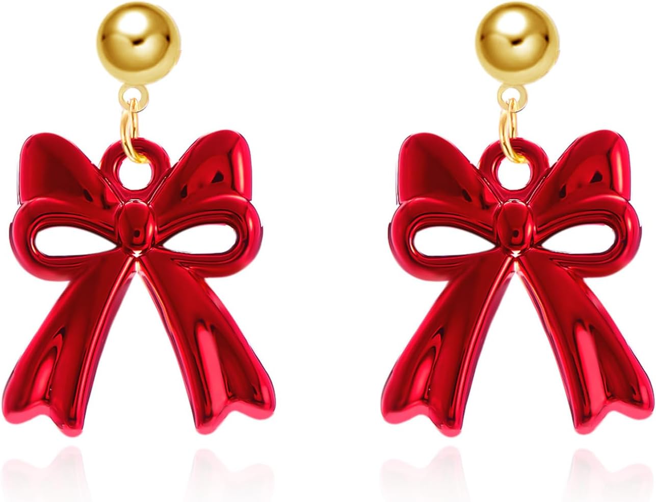 coadipress Christmas Pearl Bow Earrings for Women Fashion Sparkle Rhinestone Bow Earrings Cute Red Pearl Bow Dangle Drop Earrings Christmas Decorations Jewelry Gifts - 我的商店我的商店我的商店