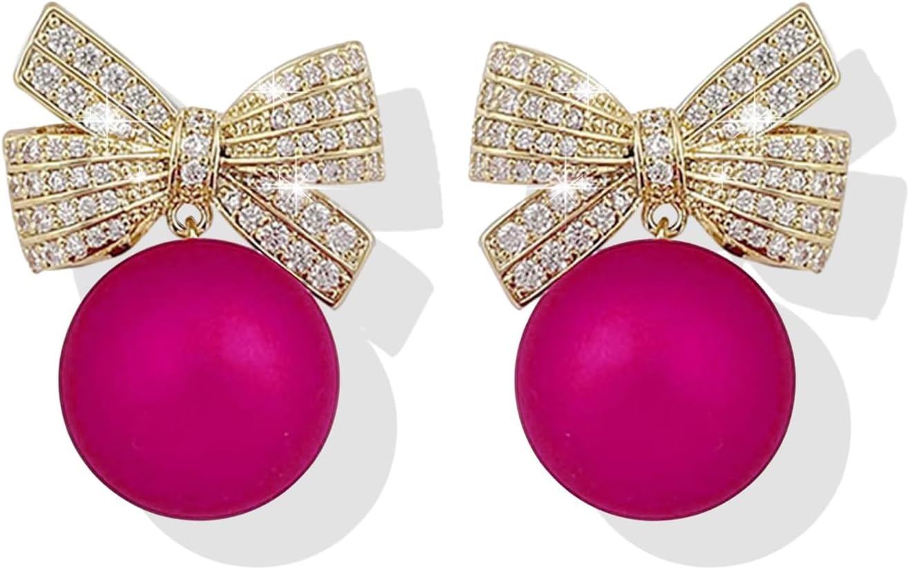 coadipress Christmas Pearl Bow Earrings for Women Fashion Sparkle Rhinestone Bow Earrings Cute Red Pearl Bow Dangle Drop Earrings Christmas Decorations Jewelry Gifts - 我的商店我的商店我的商店