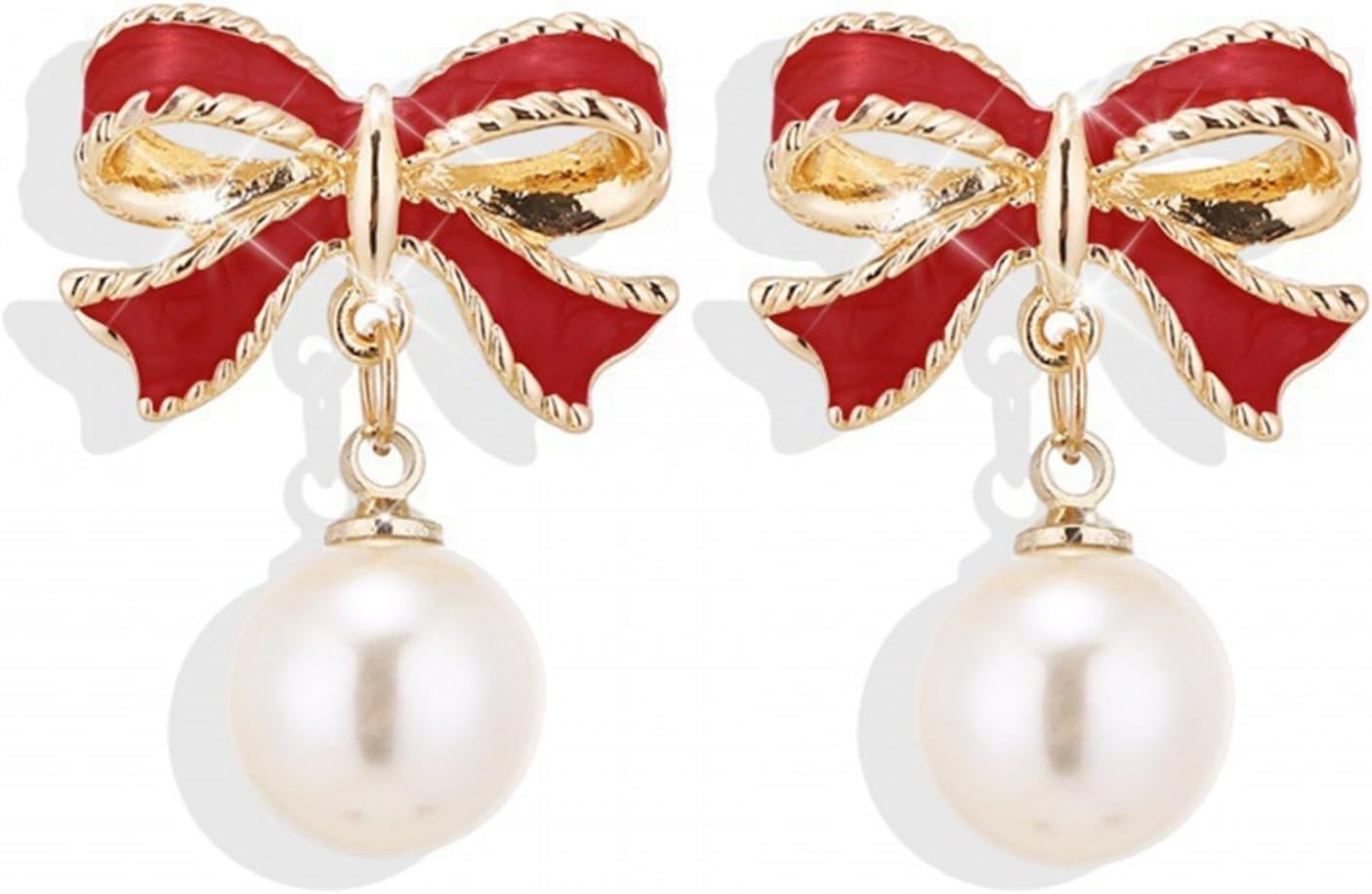 coadipress Christmas Pearl Bow Earrings for Women Fashion Sparkle Rhinestone Bow Earrings Cute Red Pearl Bow Dangle Drop Earrings Christmas Decorations Jewelry Gifts - 我的商店我的商店我的商店