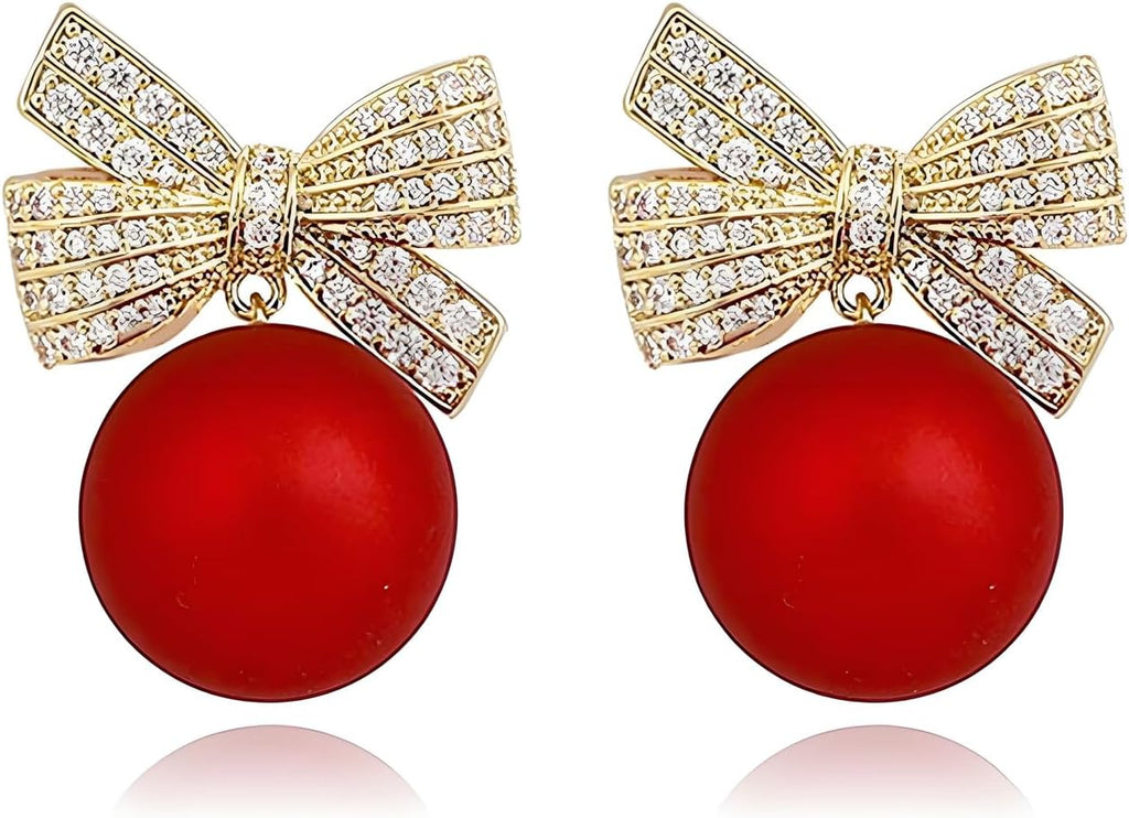 coadipress Christmas Pearl Bow Earrings for Women Fashion Sparkle Rhinestone Bow Earrings Cute Red Pearl Bow Dangle Drop Earrings Christmas Decorations Jewelry Gifts - 我的商店我的商店我的商店