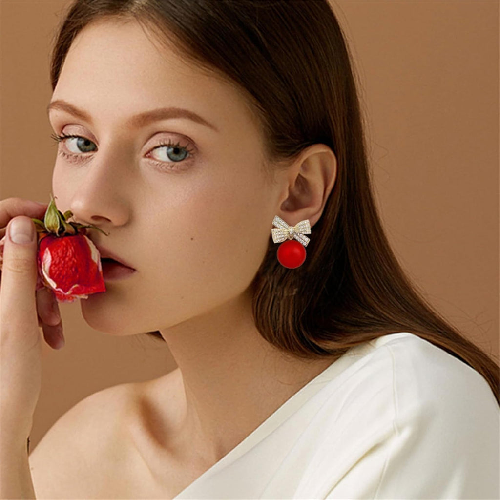 coadipress Christmas Pearl Bow Earrings for Women Fashion Sparkle Rhinestone Bow Earrings Cute Red Pearl Bow Dangle Drop Earrings Christmas Decorations Jewelry Gifts - 我的商店我的商店我的商店