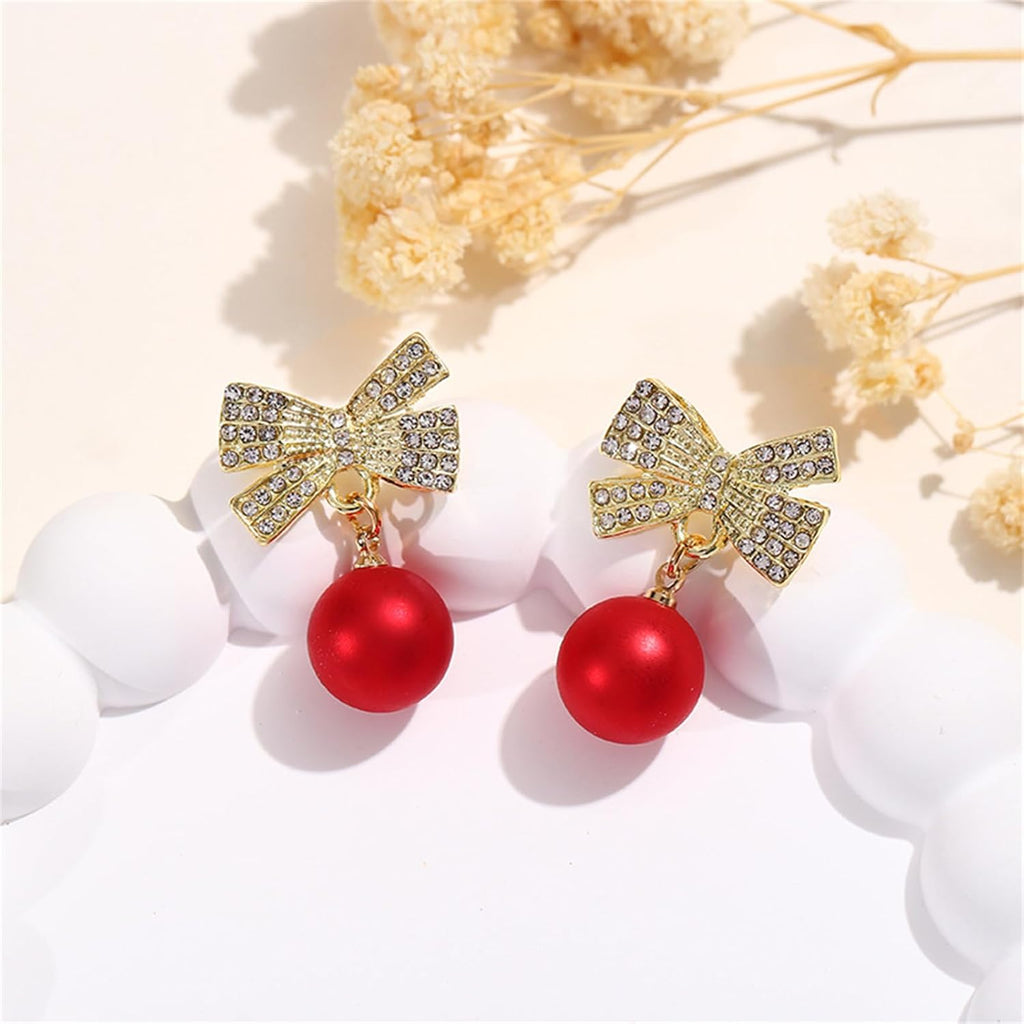 coadipress Christmas Pearl Bow Earrings for Women Fashion Sparkle Rhinestone Bow Earrings Cute Red Pearl Bow Dangle Drop Earrings Christmas Decorations Jewelry Gifts - 我的商店我的商店我的商店