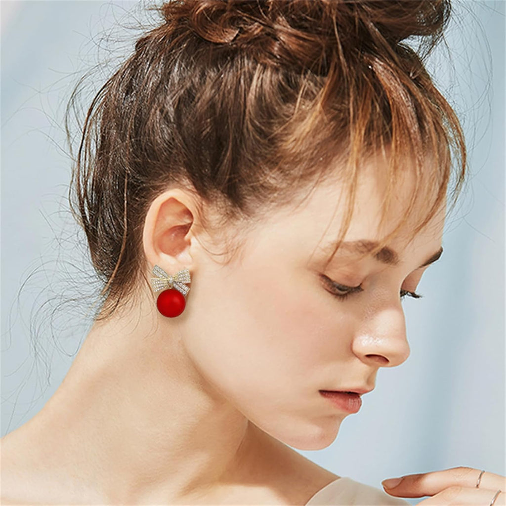 coadipress Christmas Pearl Bow Earrings for Women Fashion Sparkle Rhinestone Bow Earrings Cute Red Pearl Bow Dangle Drop Earrings Christmas Decorations Jewelry Gifts - 我的商店我的商店我的商店