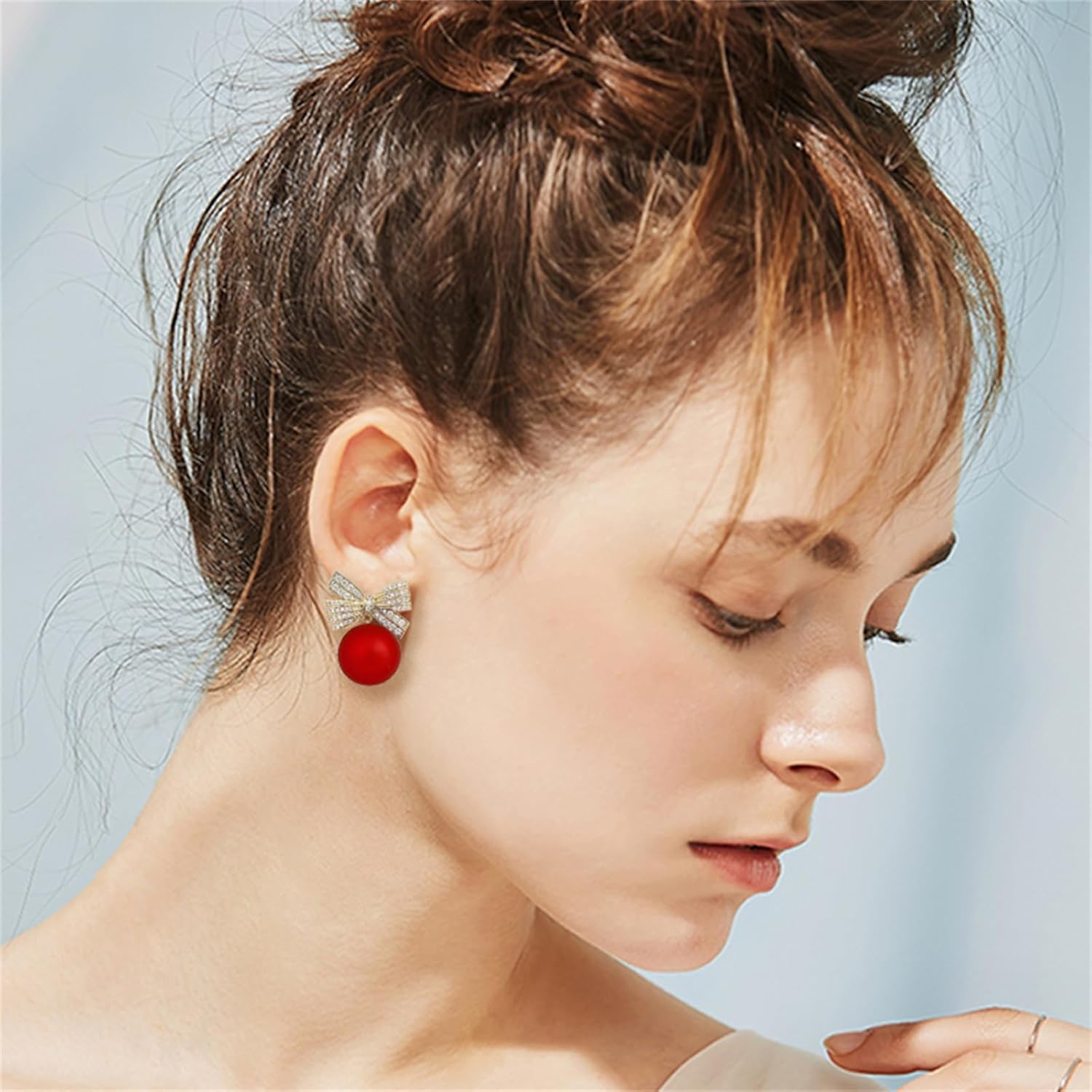 coadipress Christmas Pearl Bow Earrings for Women Fashion Sparkle Rhinestone Bow Earrings Cute Red Pearl Bow Dangle Drop Earrings Christmas Decorations Jewelry Gifts - 我的商店我的商店我的商店