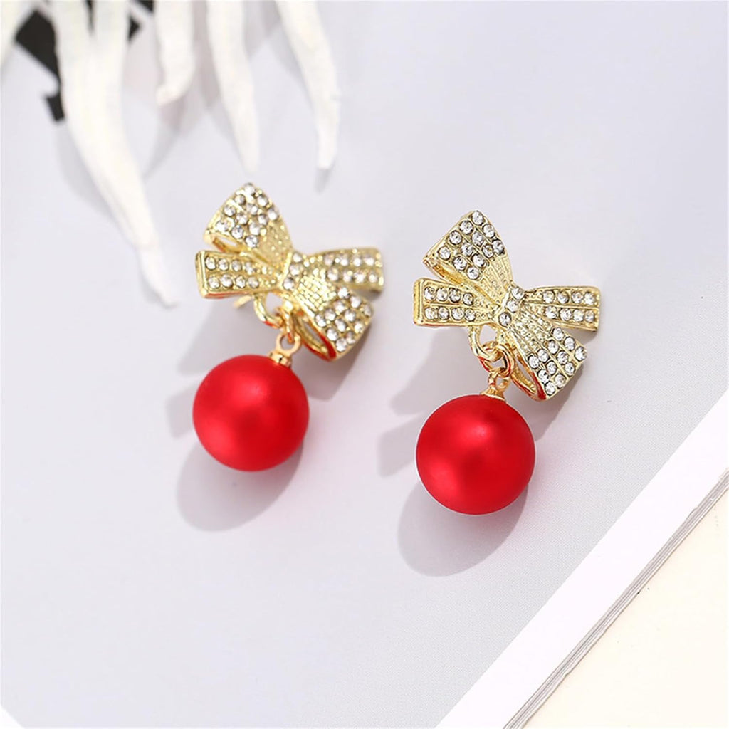 coadipress Christmas Pearl Bow Earrings for Women Fashion Sparkle Rhinestone Bow Earrings Cute Red Pearl Bow Dangle Drop Earrings Christmas Decorations Jewelry Gifts - 我的商店我的商店我的商店