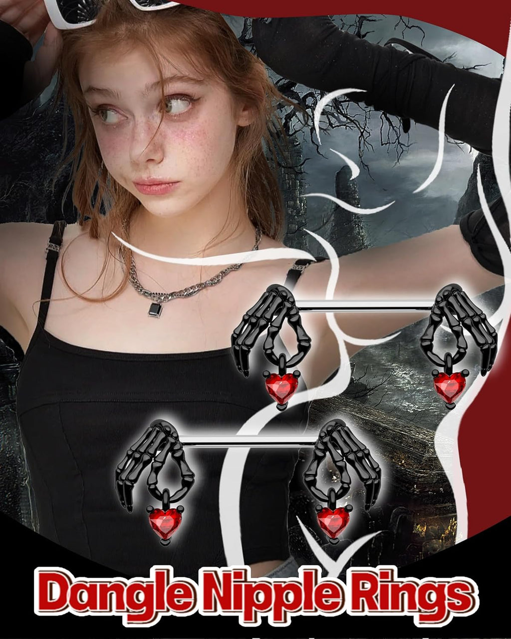 Cocharm 2pcs Halloween Nipple Rings - Black & Red Dangling Skeleton Hand Nipple Rings 14g 14mm/16mm Barbell - QIAO CrystalQIAO CrystalQIAO Crystal