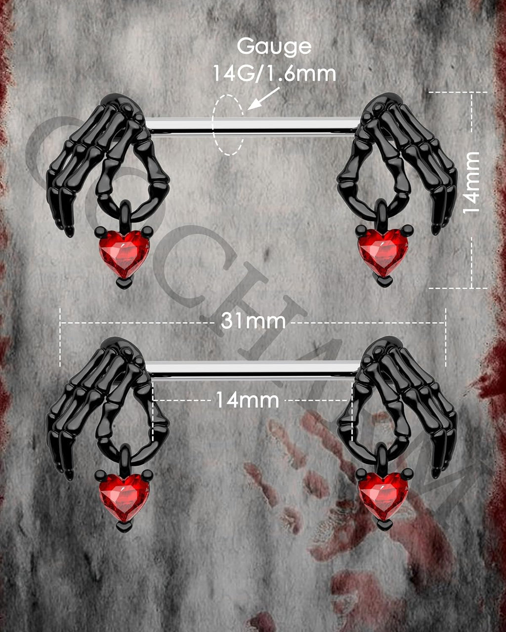 Cocharm 2pcs Halloween Nipple Rings - Black & Red Dangling Skeleton Hand Nipple Rings 14g 14mm/16mm Barbell - QIAO CrystalQIAO CrystalQIAO Crystal
