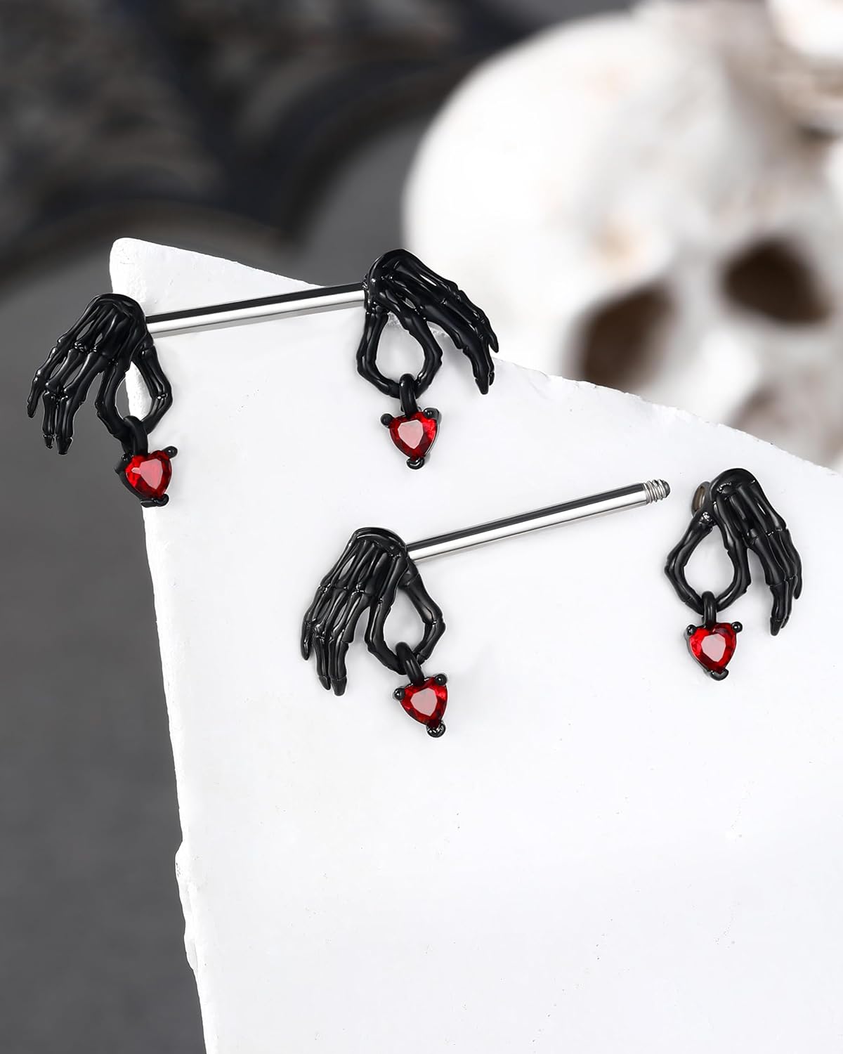 Cocharm 2pcs Halloween Nipple Rings - Black & Red Dangling Skeleton Hand Nipple Rings 14g 14mm/16mm Barbell - QIAO CrystalQIAO CrystalQIAO Crystal