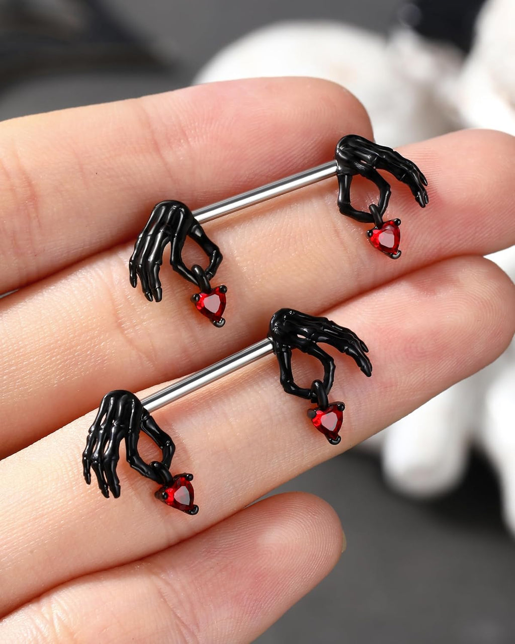 Cocharm 2pcs Halloween Nipple Rings - Black & Red Dangling Skeleton Hand Nipple Rings 14g 14mm/16mm Barbell - QIAO CrystalQIAO CrystalQIAO Crystal