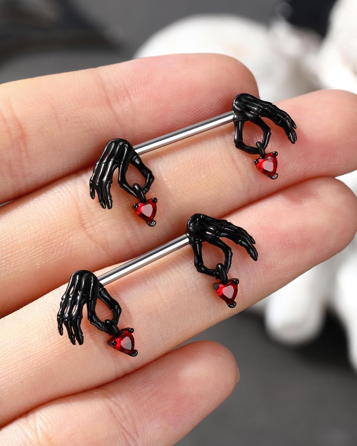 Cocharm 2pcs Halloween Nipple Rings - Black & Red Dangling Skeleton Hand Nipple Rings 14g 14mm/16mm Barbell - QIAO CrystalQIAO CrystalQIAO Crystal