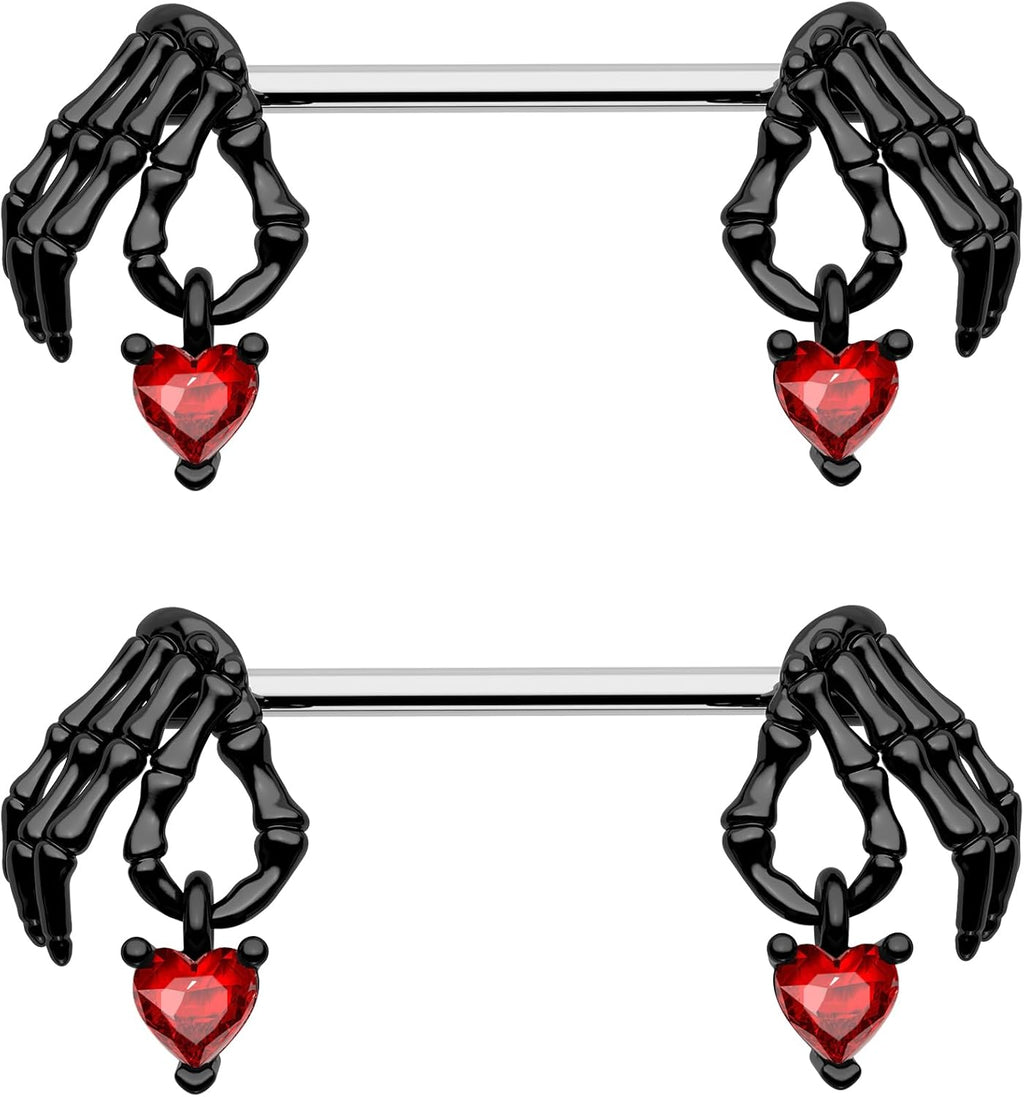 Cocharm 2pcs Halloween Nipple Rings - Black & Red Dangling Skeleton Hand Nipple Rings 14g 14mm/16mm Barbell - QIAO CrystalQIAO CrystalQIAO Crystal