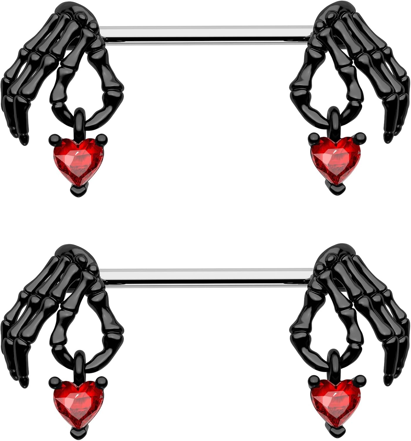 Cocharm 2pcs Halloween Nipple Rings - Black & Red Dangling Skeleton Hand Nipple Rings 14g 14mm/16mm Barbell - QIAO CrystalQIAO CrystalQIAO Crystal