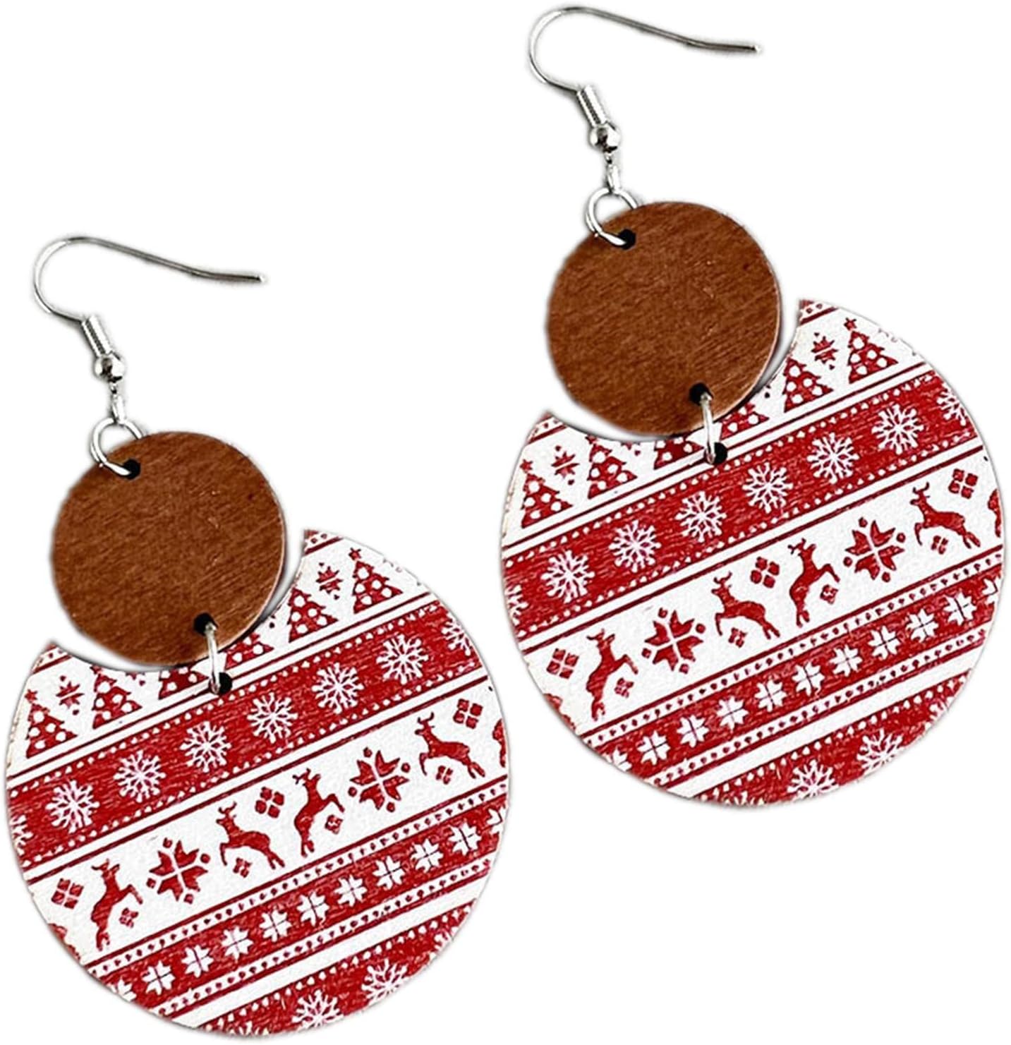 Colorful Christmas Plaid Round Wooden Dangle Earrings Dainty Christmas Plaid Snowflake Deer Tree Flower Print Earrings for Women Girls Jewelry - 我的商店我的商店我的商店